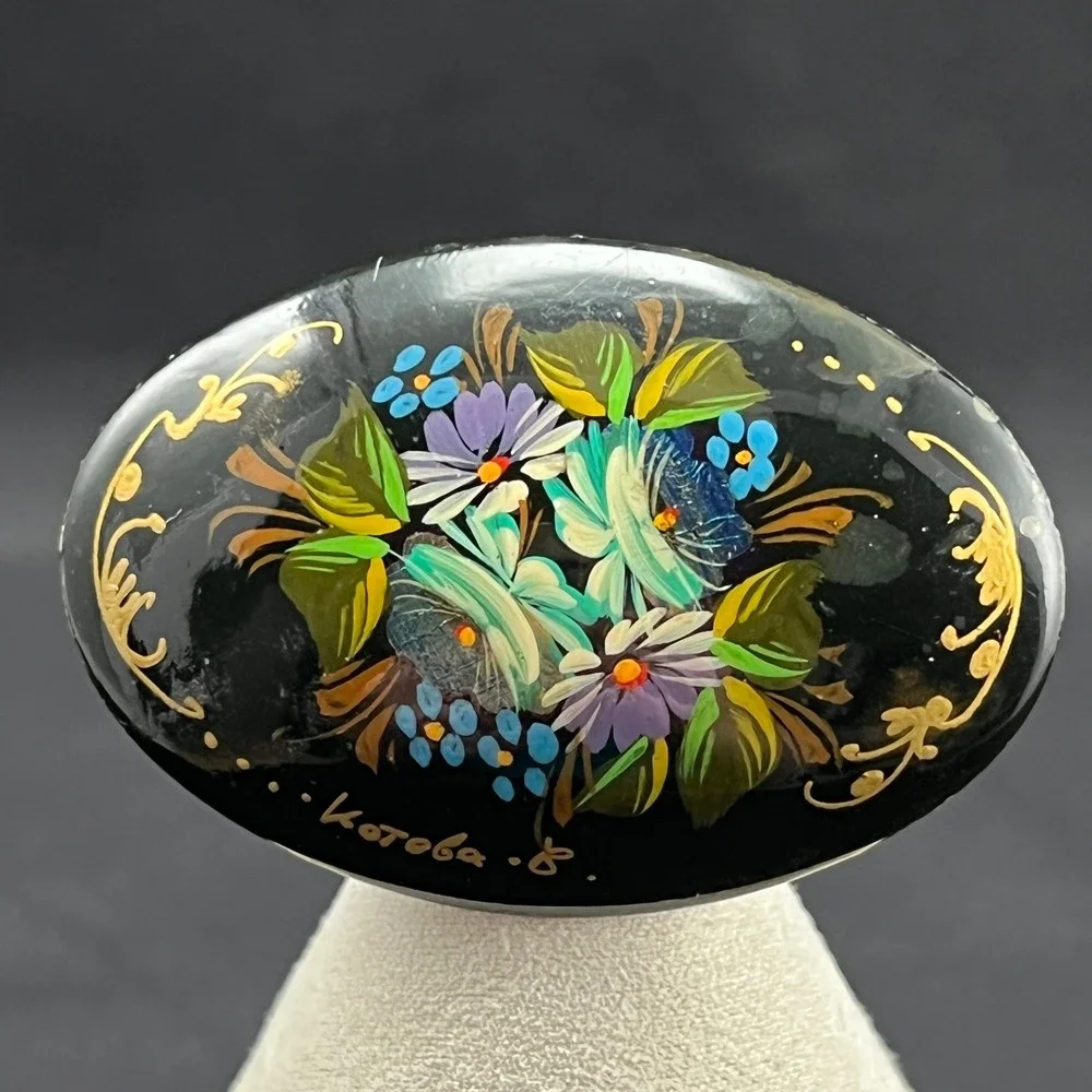 Vintage‎ Lacquered Brooch Black Hand Painted Floral Blue Gold Signed Kotova V